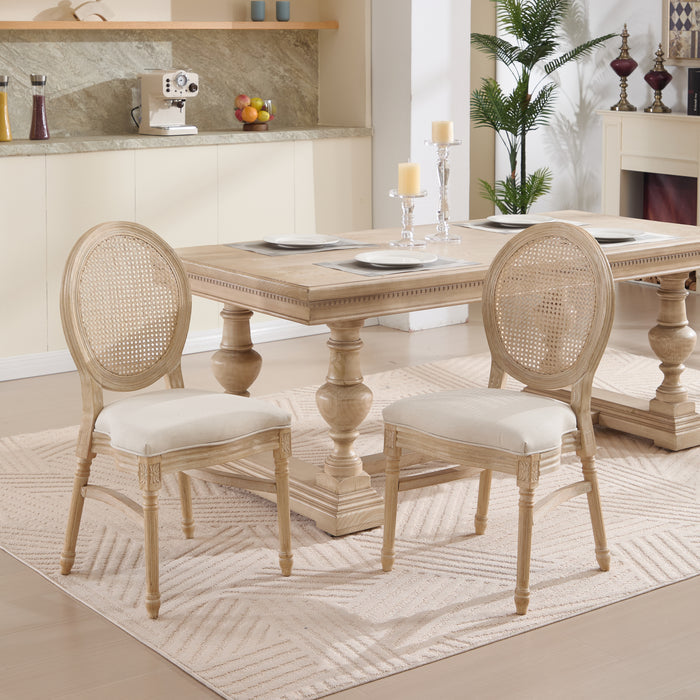French Country Dining Chairs Set of 2, Upholstered  Chairs with Nature Rattan Round Back, Wire drawing and carving techniques ,Disassemblable and Stackable,  for Living Room, Kitchen , Restaurant Use