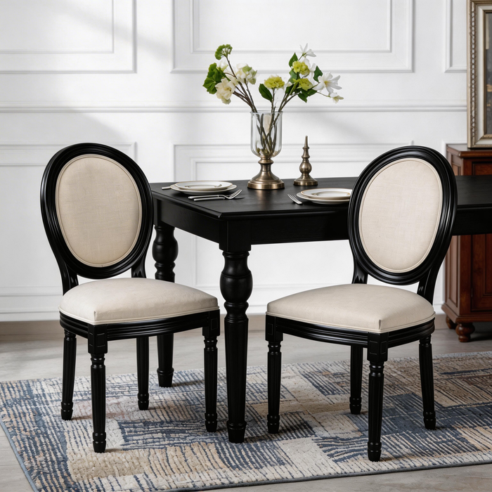 French Country Dining Chairs Set of 2, Upholstered  Chairs with Sponge Round Back, for Living Room, Kitchen , Restaurant Use,Black S0lid Wood  Frame, Beige Fabric