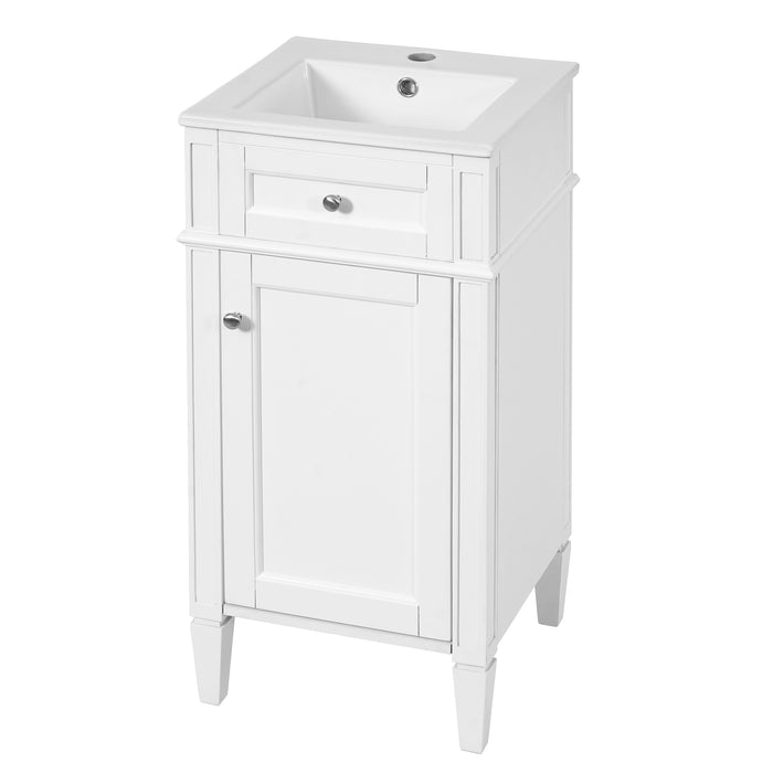 French Style 16-inch Bathroom Vanity with Ceramic Sink, Freestanding Single Vanity Set, White, Solid Wood Feet, Soft-Closing Door, Adjustable Shelf