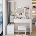 Full Body Mirror Cabinet + Round Mirror LED Vanity Table + Cushioned Stool, 17' diameter LED Mirror, Touch Control, 3-color, Brightness adjustable, Large Desktop, Multi-layer High Capacity Storage