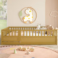Full Size Floor bed, integral construction with super high security barrier, door, children's floor bed frame, Montessori wooden children's floor bed, Support  slat Natural Wood(Patented model)