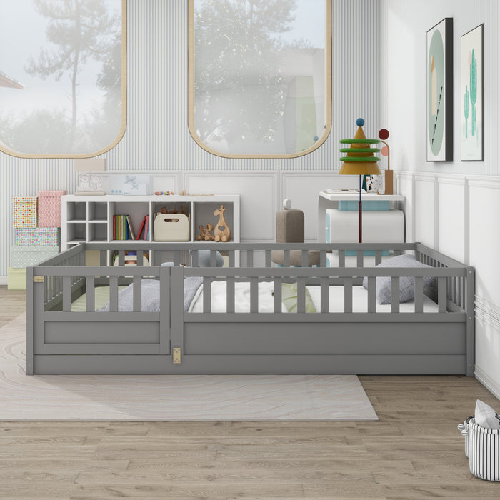 Full size  Floor bed, integral construction with super high security barrier, door, children's floor bed frame, Montessori wooden children's floor bed,  Grey(Patented model)