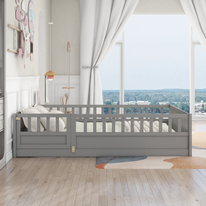 Full size  Floor bed, integral construction with super high security barrier, door, children's floor bed frame, Montessori wooden children's floor bed, Support slat Grey(Patented model)