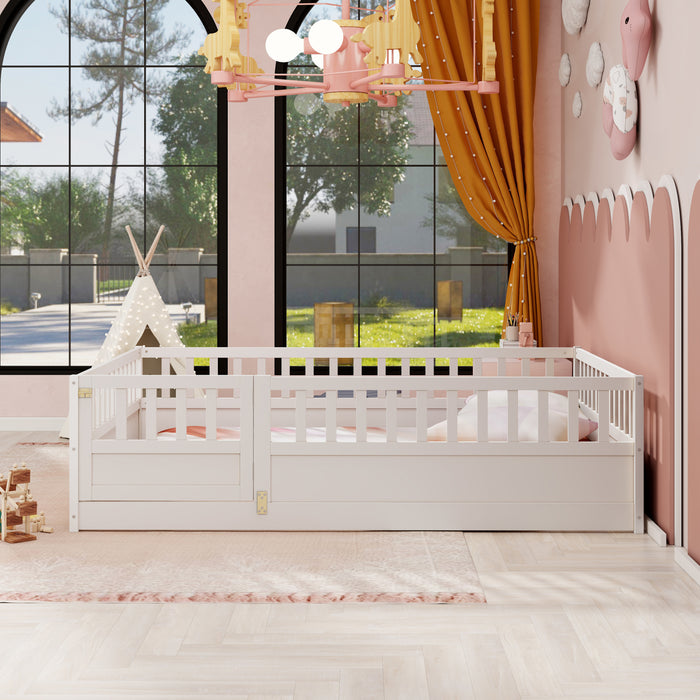 Full size  Floor bed, integral construction with super high security barrier, door, children's floor bed frame, Montessori wooden children's floor bed, white(Patented model)