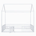 Full Size Metal House Bed with Fence and Door, White, Imaginative Play Space, Metal Frame