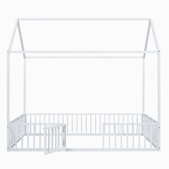 Full Size Metal House Bed with Fence and Door, White, Imaginative Play Space, Metal Frame