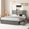 Full-size Storage Bed Frame with Storage Headboard (4 Storage Drawers on Bed Body + LED Lighting) – Anti-slip & Noise-free Metal Mattress Support Platform + Sturdy Metal Slat Base, Grey
