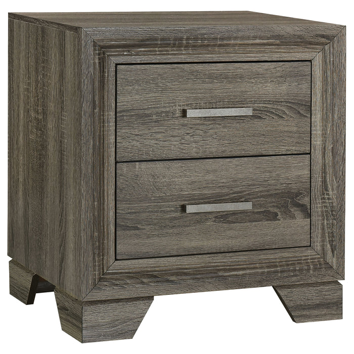 Funston Brown Oak 2-Drawer Nightstand with Tapered Legs and Metal Handles, Engineered Wood, Brown Oak Finish