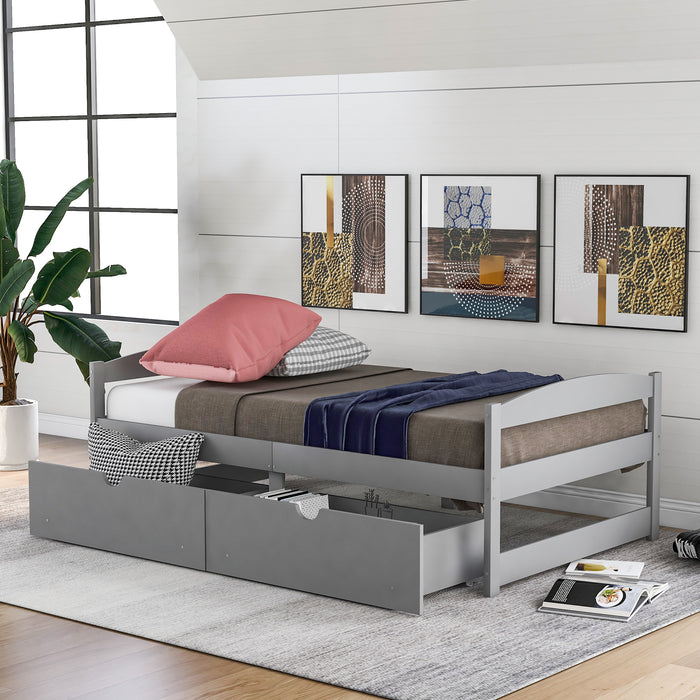 Gray Twin Size Platform Bed with Two Drawers, Pine Wood and MDF Construction