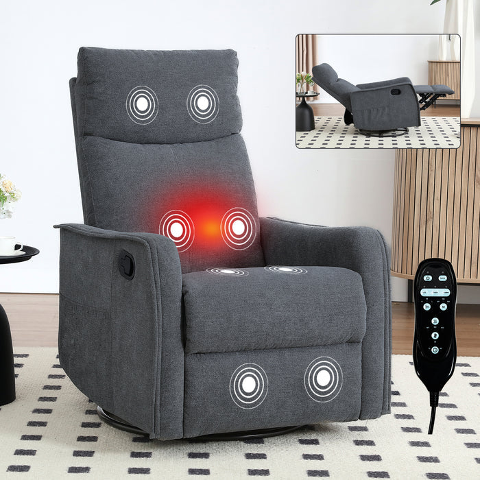 Heat Massage Manual Recliner Chair with Rocker and Swivel in Fabric for Living Room, Grey