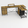 Industrial L-Shaped Computer Desk with Power Outlets & USB-C, Rustic Brown Metal Frame, 6 Fabric Drawers, 3 Open Shelves, Movable Monitor Stands, 114 Inch Corner Office Desk for Gaming and Work