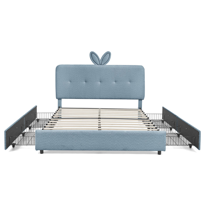Kids Upholstered Bed with Rabbit Ear Headboard, LED Light & 4 Drawers in Navy Boucle Fabric, Full Size