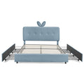 Kids Upholstered Bed with Rabbit Ear Headboard, LED Light & 4 Drawers in Navy Boucle Fabric, Full Size