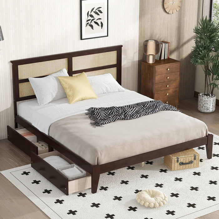 King Size Bed with Rattan Headboard, Two Storage Drawers, Rubber Wood Bed with Enhanced  Support Slats and Feet,Espresso