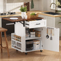 K&K 39.3' Farmhouse Kitchen Island with Drop Leaf, Kitchen Storage Island with Open Side Rack, One Drawer, Towel Rack, Rolling Kitchen Cart with Lockable Wheels for Lawn Garden, White