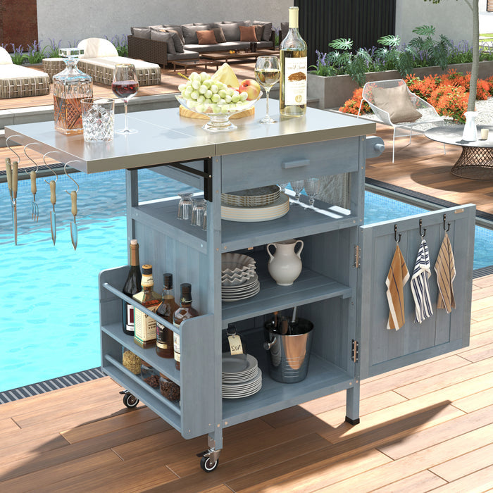 K&K 40.5' Outdoor Grill Cart with Stainless Steel Top, Solid Wood Outdoor Storage Cabinet with Drop Leaf, One Drawer, Towel Rack, Rolling Kitchen Cart with Lockable Wheels for Lawn Garden, Blue Grey