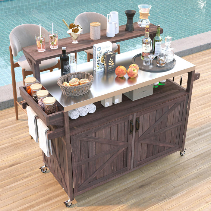 K&K 53.3' Outdoor Kitchen Island with Raised Shelf, Solid Wood Storage Cabinet with Stainless Steel Top, Outdoor Rolling Grill Cart with Internal Storage Rack, Adjustable Shelf, Spice Rack, Brown