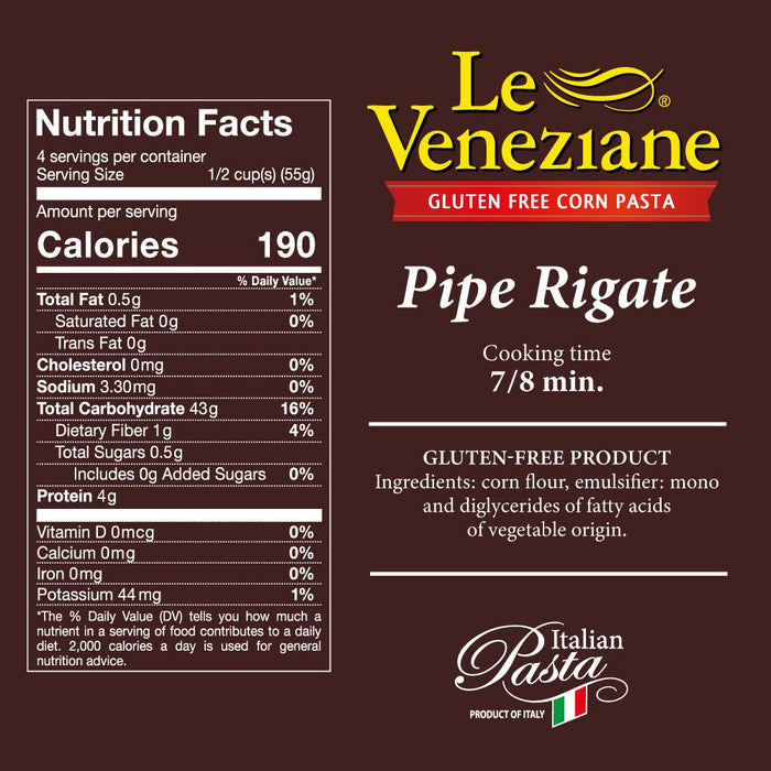 LE VENEZIANE Gluten Free PIPE RIGATE Pasta - 8.8 oz