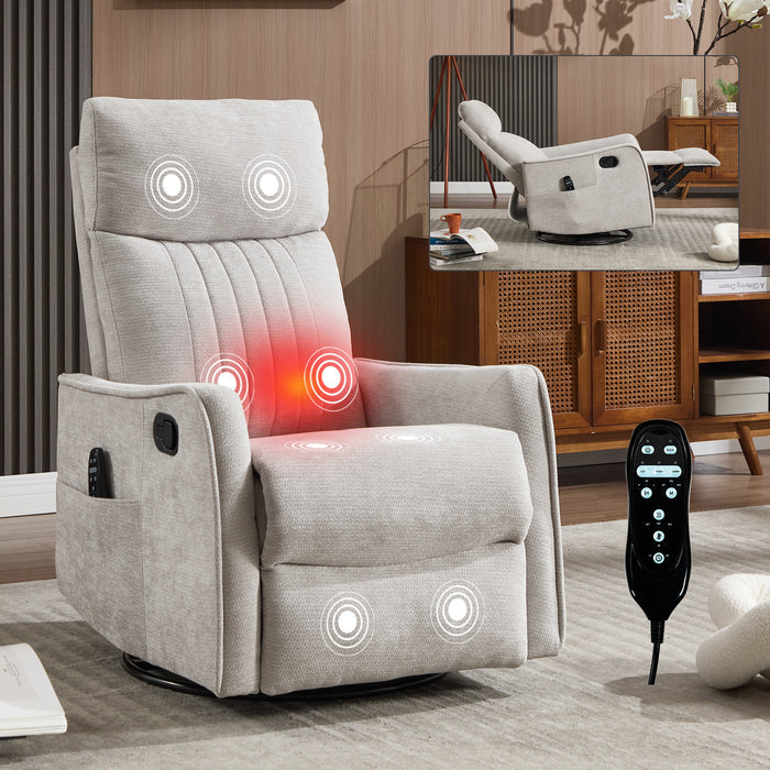 Light Grey Heat Massage Manual Recliner Chair with Rocker and Swivel in Fabric for Living Room