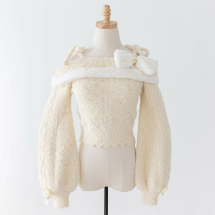 Lilia & Lace Bunny Ear Knit Sweater with Engraved Heart Charms (Cream)