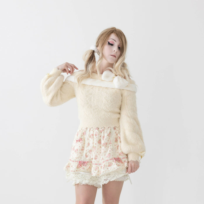 Lilia & Lace Bunny Ear Knit Sweater with Engraved Heart Charms (Cream)