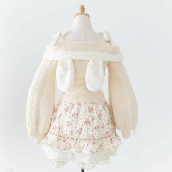 Lilia & Lace Bunny Ear Knit Sweater with Engraved Heart Charms (Cream)