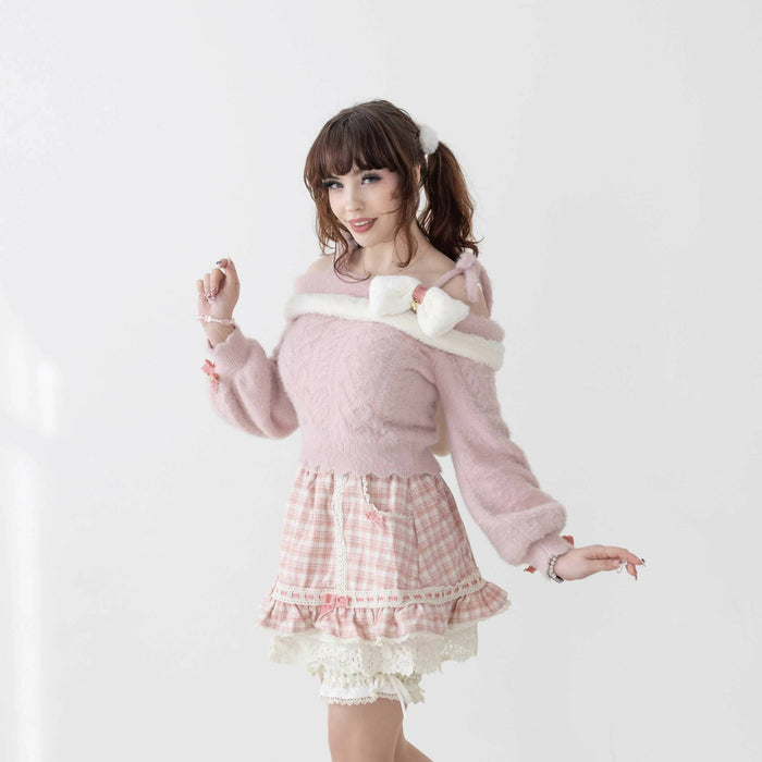Lilia & Lace Bunny Ear Knit Sweater with Engraved Heart Charms (Pink)