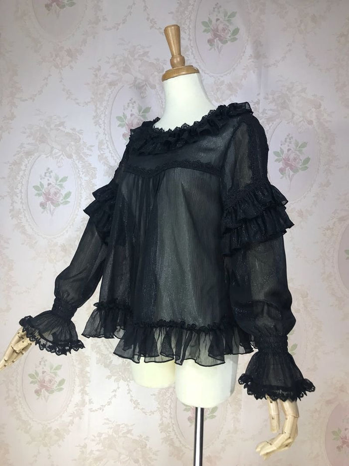 Loose Chiffon Ruffled Long Sleeve Blouse (3 Colors, Multiple Sizes) - Lolita Collective