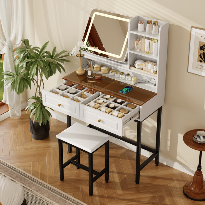 Makeup Vanity with LED Lighted Mirror,  360° Rotatable Mirror, Vanity Desk with 2 Drawers,Power Outlet and 3-Tier Shelves, Amber Glass Table Top, Dressing Table with Sturdy Metal Leg and  Stool, White