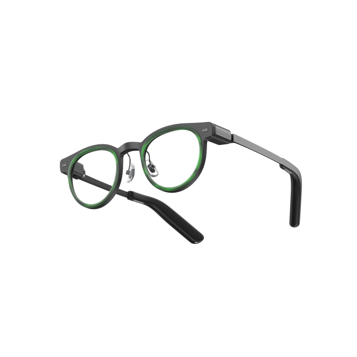 MemoMind One Custom Edition smart glasses with forest green frames.