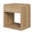 Mid-century modern bedside table set, 2 pieces, oak color, with storage drawers and open shelves, compact side table with rounded corners, made of particle board