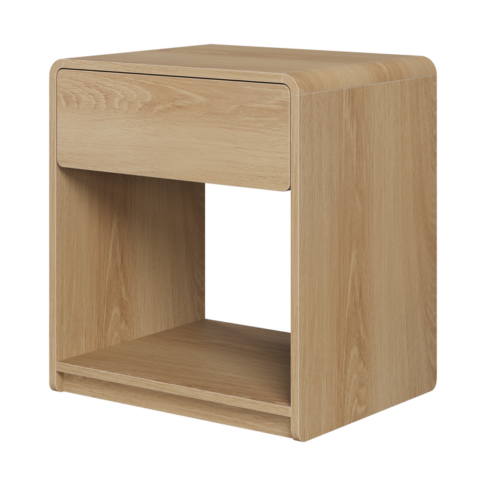 Mid-century modern bedside table set, 2 pieces, oak color, with storage drawers and open shelves, compact side table with rounded corners, made of particle board