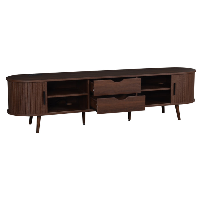 Mid Century Modern TV Stand for 70-Inch TV, Dark Brown MDF & Solid Wood Console with Tambour Doors, Drawers and Built-in Power Outlet