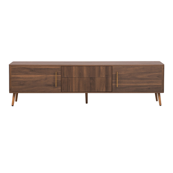 Mid Century TV Stand with 2 Drawers, Media Console Table for TVs up to 80'', Walnut Finish Solid Wood and MDF Entertainment Center for Living Room, Bedroom, Home Theatre
