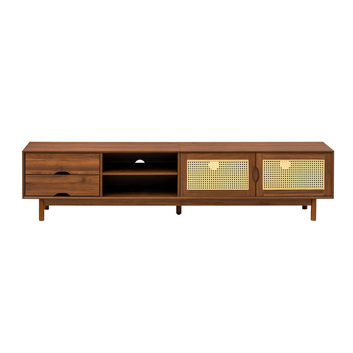 Modern 78 Inch TV Stand for TVs up to 85 inch, Media Console with 2 Drawers, Rattan Front Panels, Dark Brown Solid Wood Legs, Living Room Entertainment Center