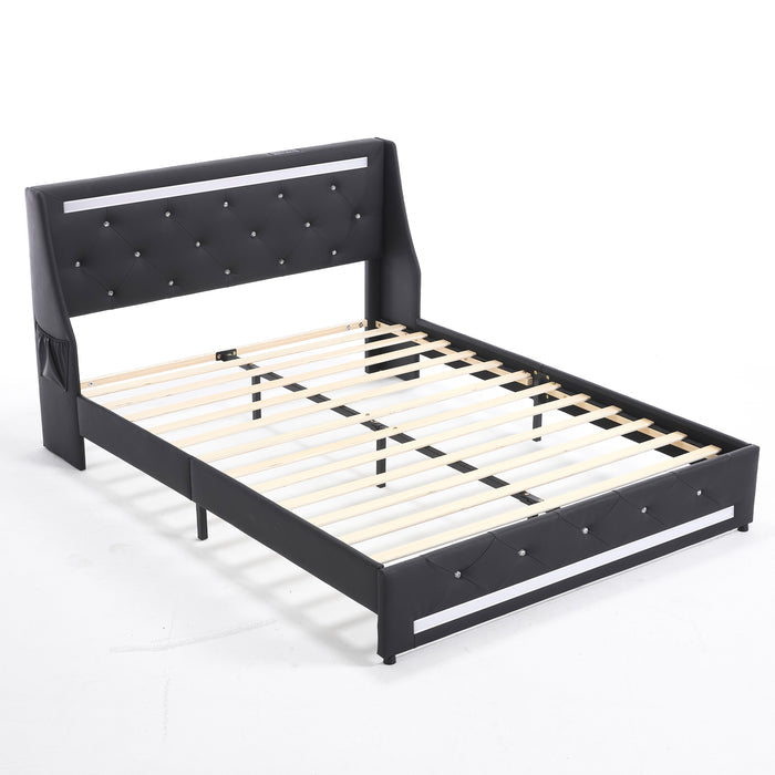 Modern Black Upholstered Platform Bed Frame with LED Lights, Charging Station, Diamond Headboard, Wooden Slats, No Box Spring Needed, Noise-Free, Easy Assembly