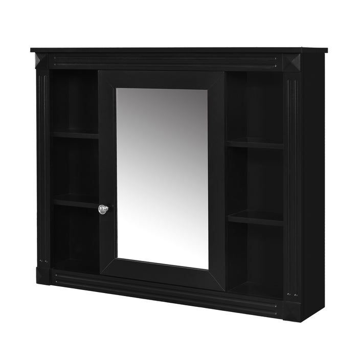 Modern Black Wall-Mounted Bathroom Storage Cabinet with Mirror, 35'' x 28'', MDF & Metal, 6 Open Shelves