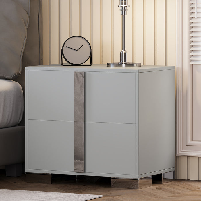 Modern End Table with Drawers, Elegant Nightstand with Metal Foot,Wood Bedside Table with Mirrored Metal Handles,Sofa Side End Table for Bedroom Living Room Office,Grey