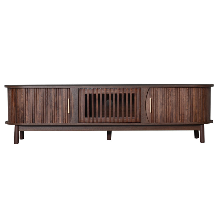 Modern Farmhouse TV Stand for 75' TVs, Wood Entertainment Center with Storage Cabinet, TV Console Table for Living Room, Bedroom in Dark Brown with Solid Wood Legs and MDF Construction