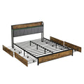 Modern Full Size Bed Frame with Storage Headboard, Charging Station, LED Lights, Brown and Gray Finish, MDF and Metal Construction