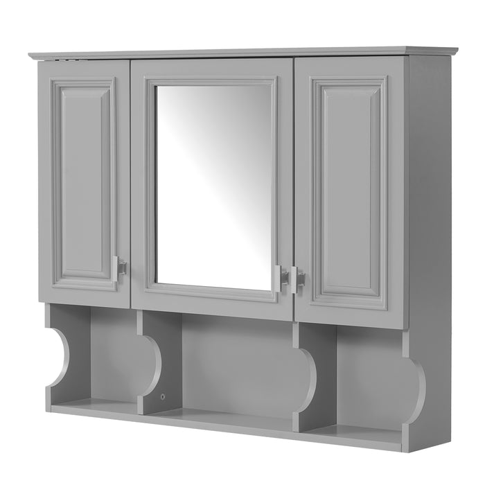 Modern Gray Wall-Mounted Bathroom Medicine Cabinet with Mirror and Adjustable Shelves, 35'' x 28'' MDF & Solid Wood Construction