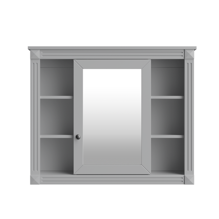 Modern Grey Wall Mounted Bathroom Storage Cabinet with Mirror, 35'' x 28'' MDF Medicine Cabinet with 6 Open Shelves and Adjustable Interior, Wall-Mounted Design