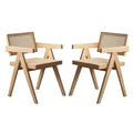 Modern Mid Century Dining Chairs Set of 2, Rattan Accent Chairs, Comfy Armchairs, Outdoor Wood Chairs with Armrest for Bedroom Living Room Reading Room Dining Kitchen, Wood Color