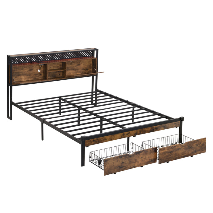 Modern Queen Size Metal Platform Bed Frame with Wooden Headboard, USB Charging, LED Lights, and Storage Drawers