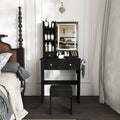 Modern small Vanity Desk ,featuring 3 modes of LED lighting with adjustable brightness, 3 drawers and multiple open storage shelves, a hair dryer holder and power socket, and a dressing chair. black