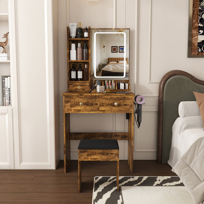 Modern small Vanity Desk ,featuring 3 modes of LED lighting with adjustable brightness, 3 drawers and multiple open storage shelves, a hair dryer holder and power socket, and a dressing chair. brown