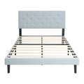 Modern Twin Size Upholstered Platform Bed Frame with Button Tufted Linen Fabric Headboard in Light Gray