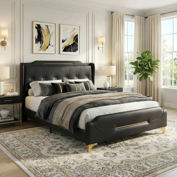 Modern Upholstered Bed Frame, Queen Size Platform Bed with Wingback Headboard, PU Leather Upholstery, No Box Spring Needed, Noise Free,  Easy Assembly, Heavy Duty Bed Frame for Bedroom,Black