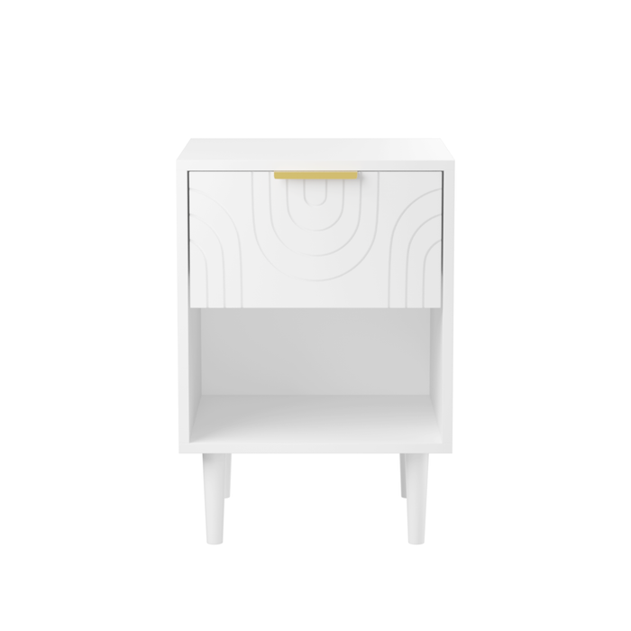 Modern White Nightstand with One Drawer and Open Shelf, Gold-Accented Handle, 22.83'' H, MDF, White