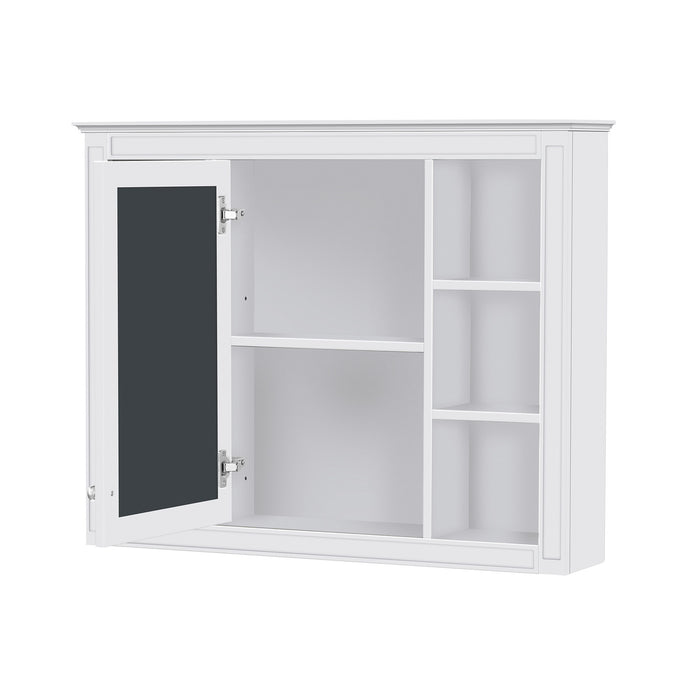 Modern White Wall-Mounted Medicine Cabinet with Mirror, 35'' x 27.5'' Storage Cabinet with 6 Open Shelves and Adjustable Interior, MDF Construction